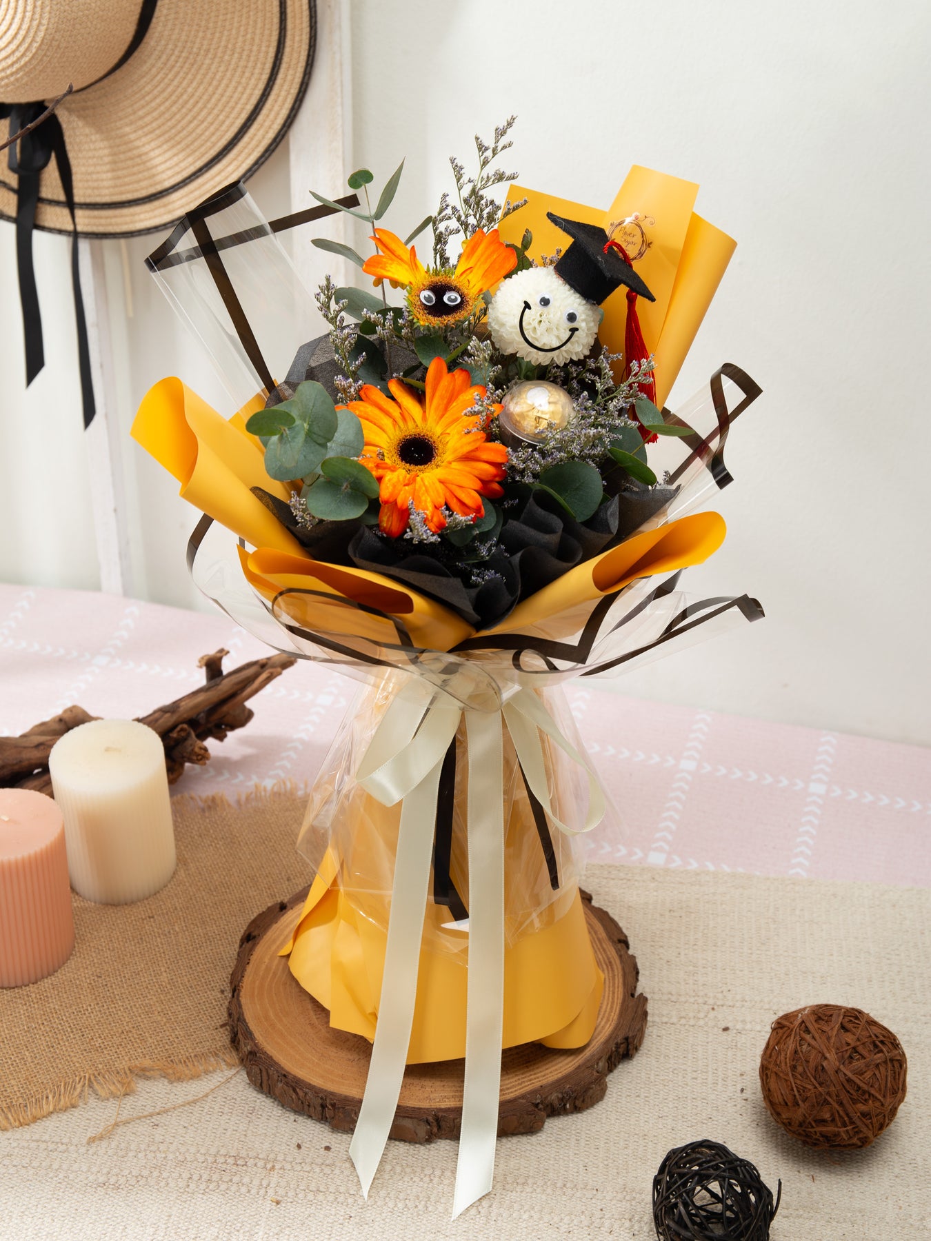 Graduation Amber Amber Sweet | Graduation Bouquet With Ferreo Rocher & Gerbera Daisy ...