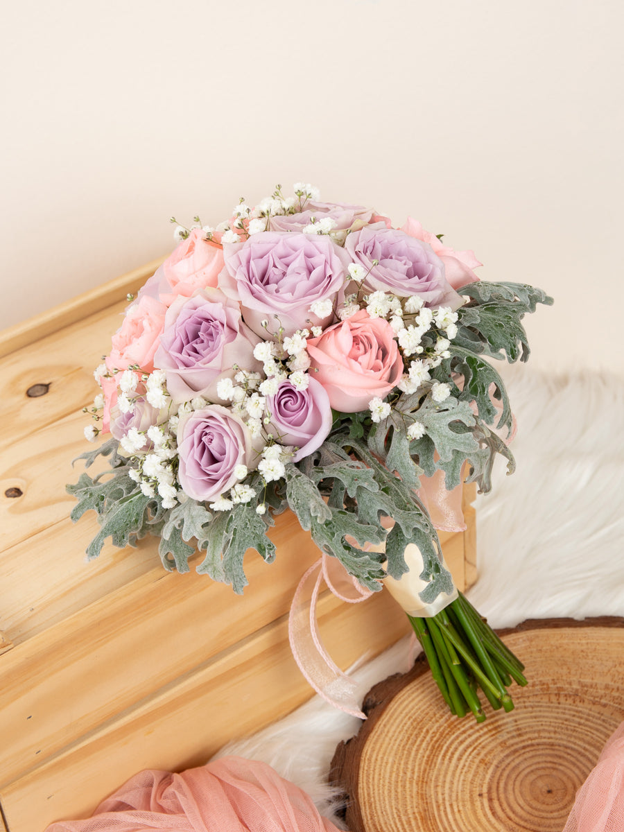 Charming Bride Bridal Bouquet | Purple & Pink Roses, Baby's Breath ...