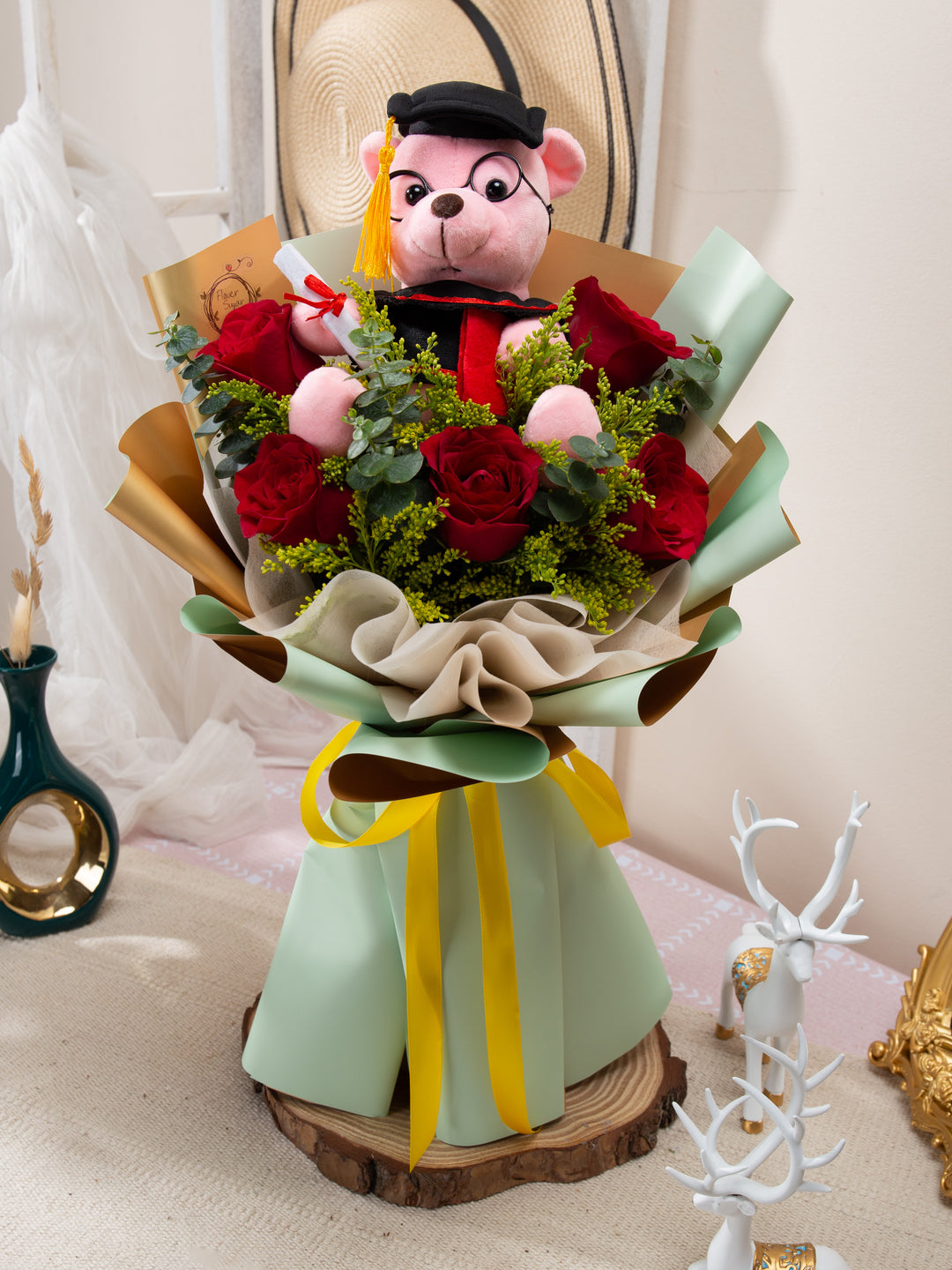 Julie Bear | Red Rose & Graduation Teddy Bear Bouquet – Flower Sugar