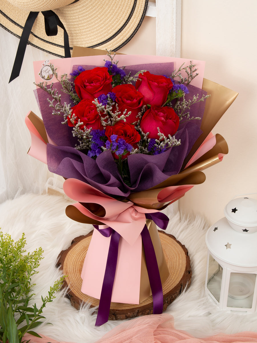 Meghan - Red Rose & Purple Statice Flower Bouquet – Flower Sugar