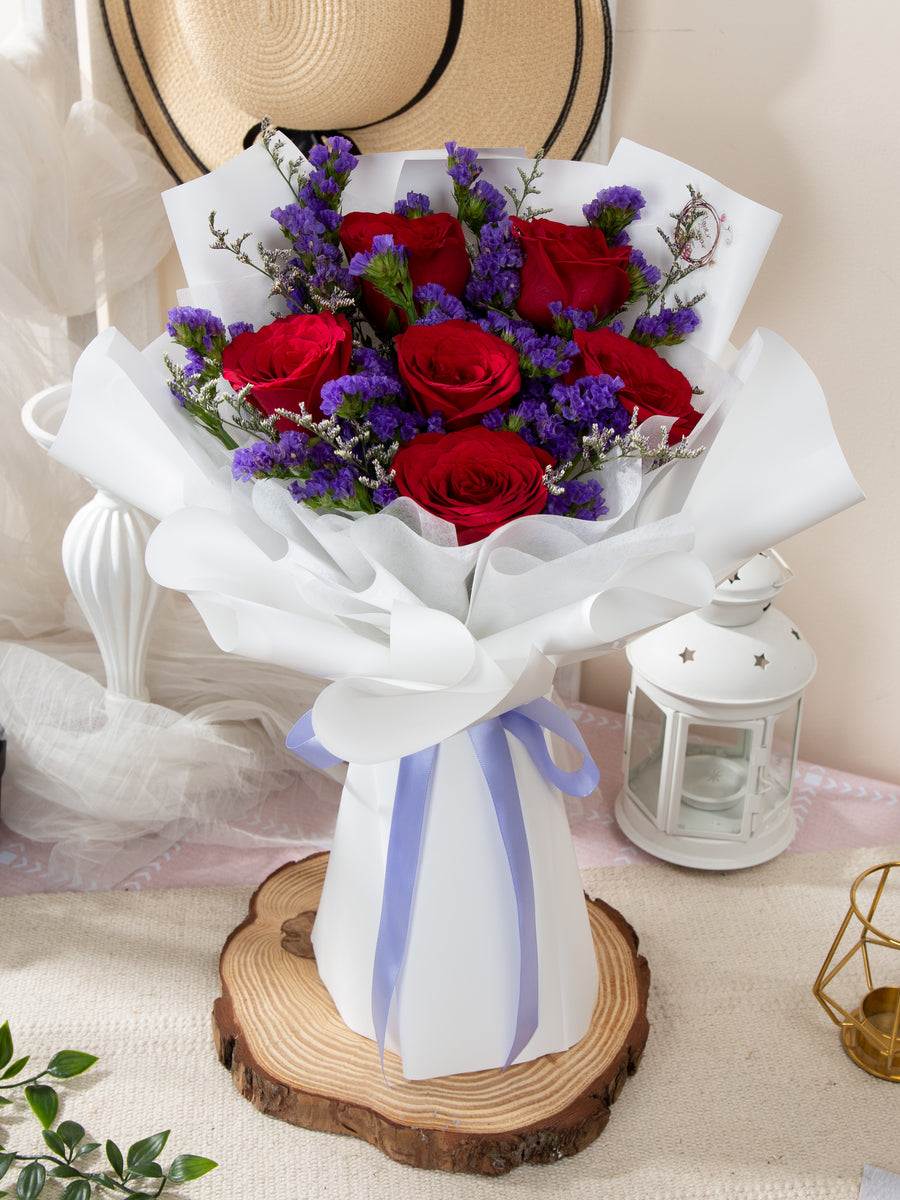 Meghan - Red Rose & Purple Statice Flower Bouquet – Flower Sugar